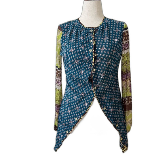 Anac by Kimi Asymmetrical Chic Art-to-Wear Long Paisley V-Neck Mesh Tunic Top XL - Picture 2 of 9